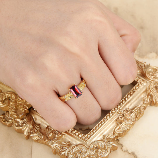 Vintage Natural Red Garnet Hand Engraved Yellow Gold Plated Couple Ring Set His And Hers Rings