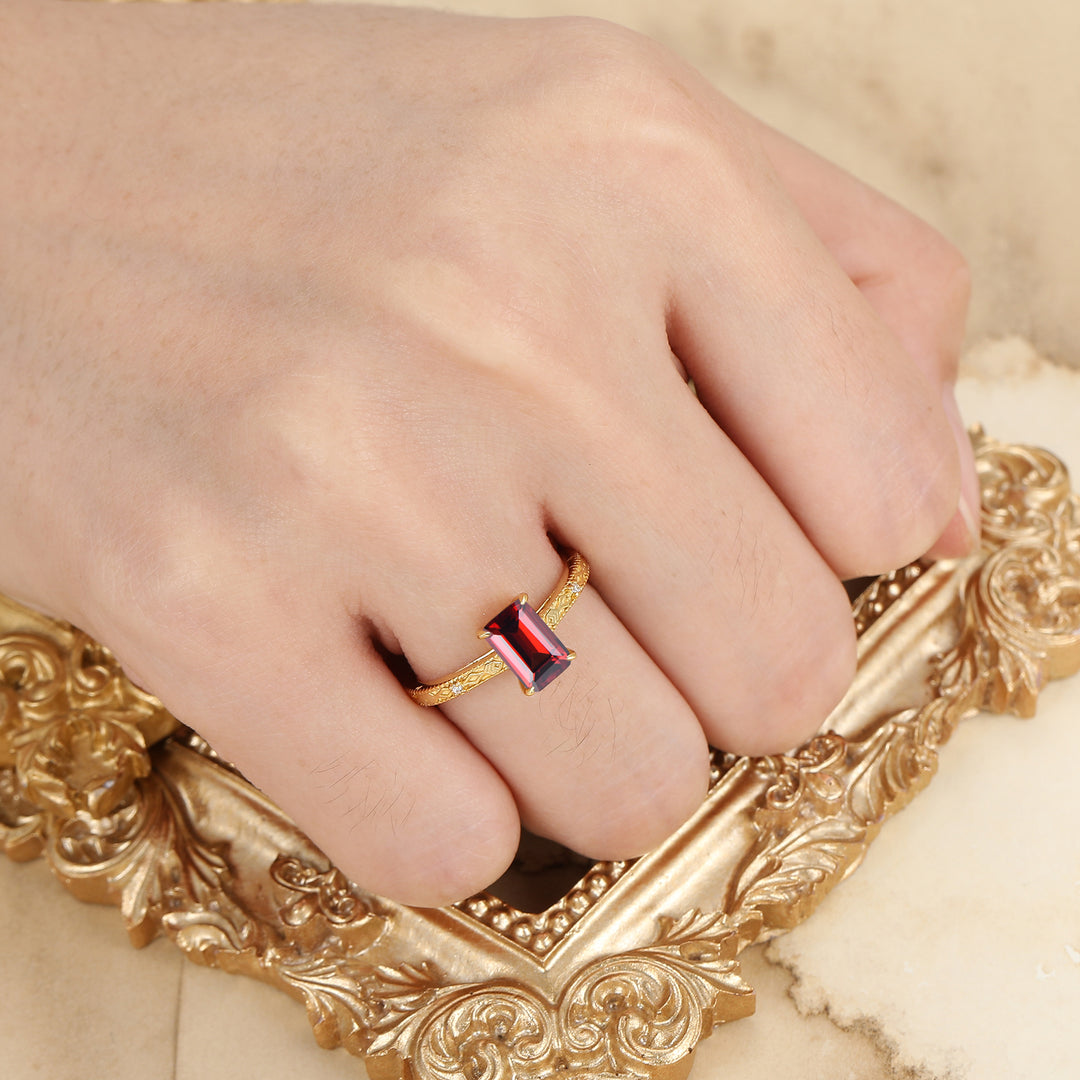 Solitär-Ring mit Smaragdschliff und Granat S925, roter Granat-Ring, rechteckiger roter Edelstein-Ring
