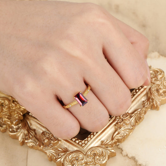 Solitär-Ring mit Smaragdschliff und Granat S925, roter Granat-Ring, rechteckiger roter Edelstein-Ring
