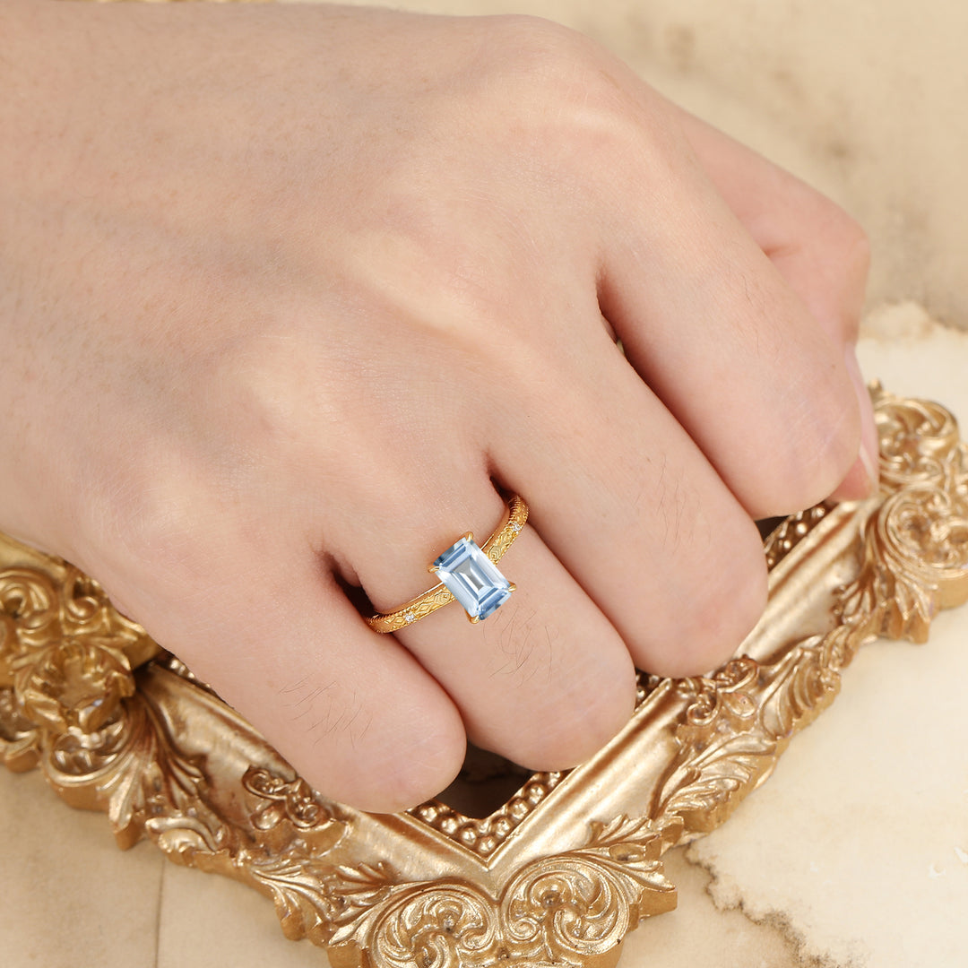 Barok geslepen smaragd geslepen aquamarijn gegraveerde trouwring unieke geboortesteen voor maart damesring