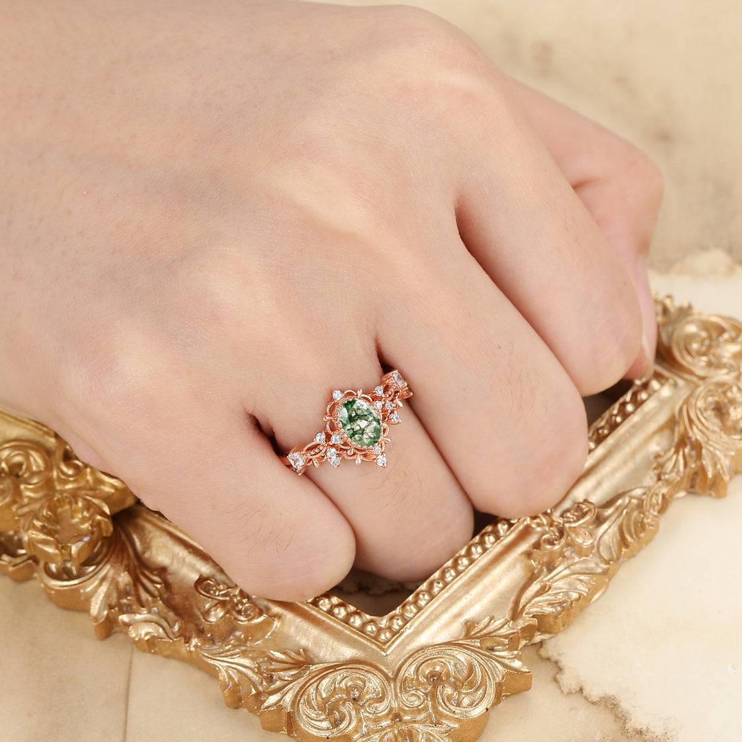 Vintage Floral Oval Shape Moss Agate Engagement Ring Set Rose Gold Milgrained Women Ring -  Esdomera.com