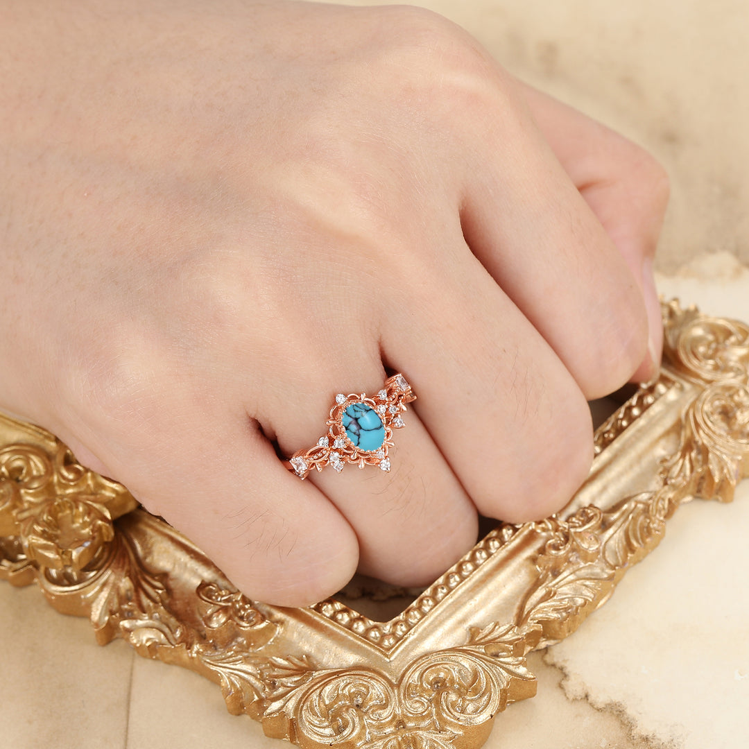 Vintage Filigreed Turquoise Engagement Ring Set Anniversary Promise Rings