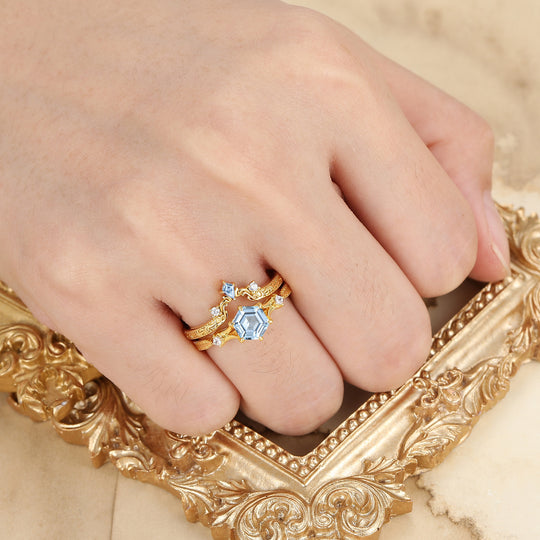 Dainty Hexagon Cut Aquamarine 2pcs Women Wedding Ring Set Geometric Engraved Bridal Ring