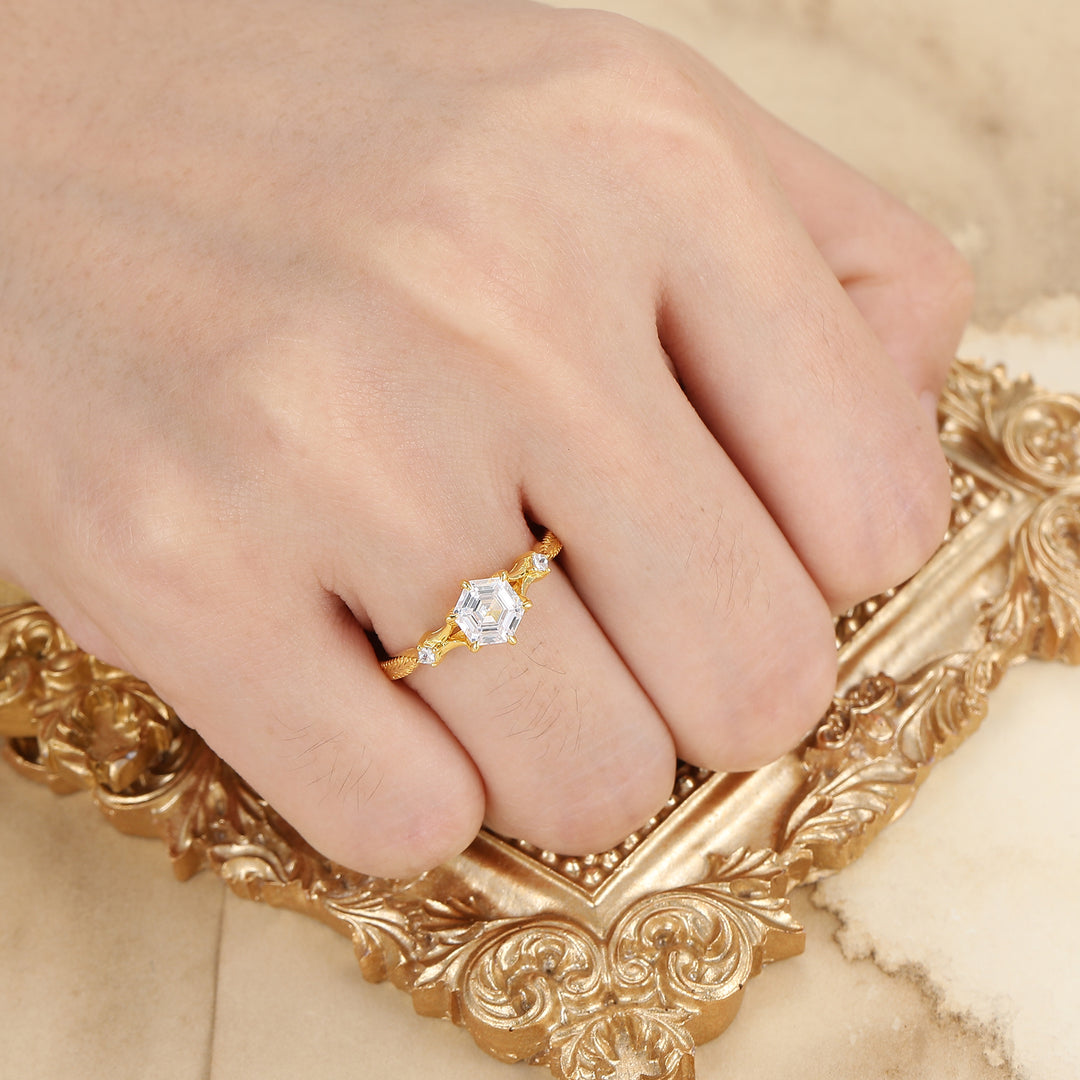 Minimalist Hexagon Cut Moissanite Anniversary Bridal Ring Yellow Gold Engagement Ring