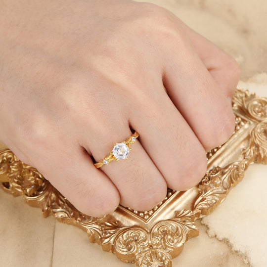 Minimalist Hexagon Cut Moissanite Anniversary Bridal Ring Yellow Gold Engagement Ring