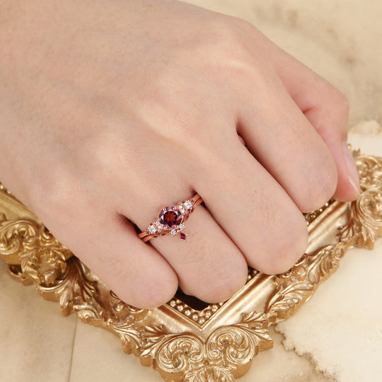 Set di anelli vintage in oro rosa con granato rosso, fatto a mano — anello promessa, anniversario, nuziale — set di anelli con granato rosso