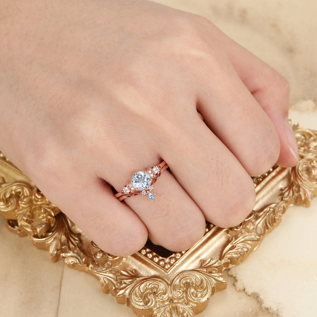 Fijn Rond Aquamarijn Bloemen Bruidsring Set 14K Roségoud Jubileumring Set Voor Haar