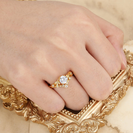 Natural Inspired 0.8CT Round Moissanite Leaf Wedding Ring Set Yellow Solid Gold Anniversary Bridal Ring