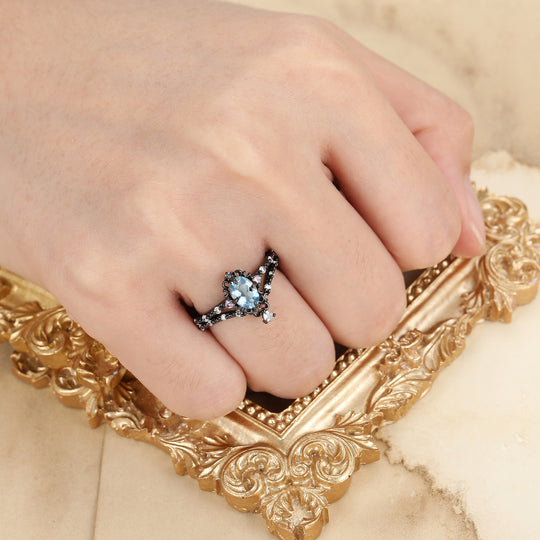 Art Deco Ovaal Geslepen Aquamarijn Filigraan Bruiloft Jubileum Ring Zwart Geplateerd Milgrain Damesring