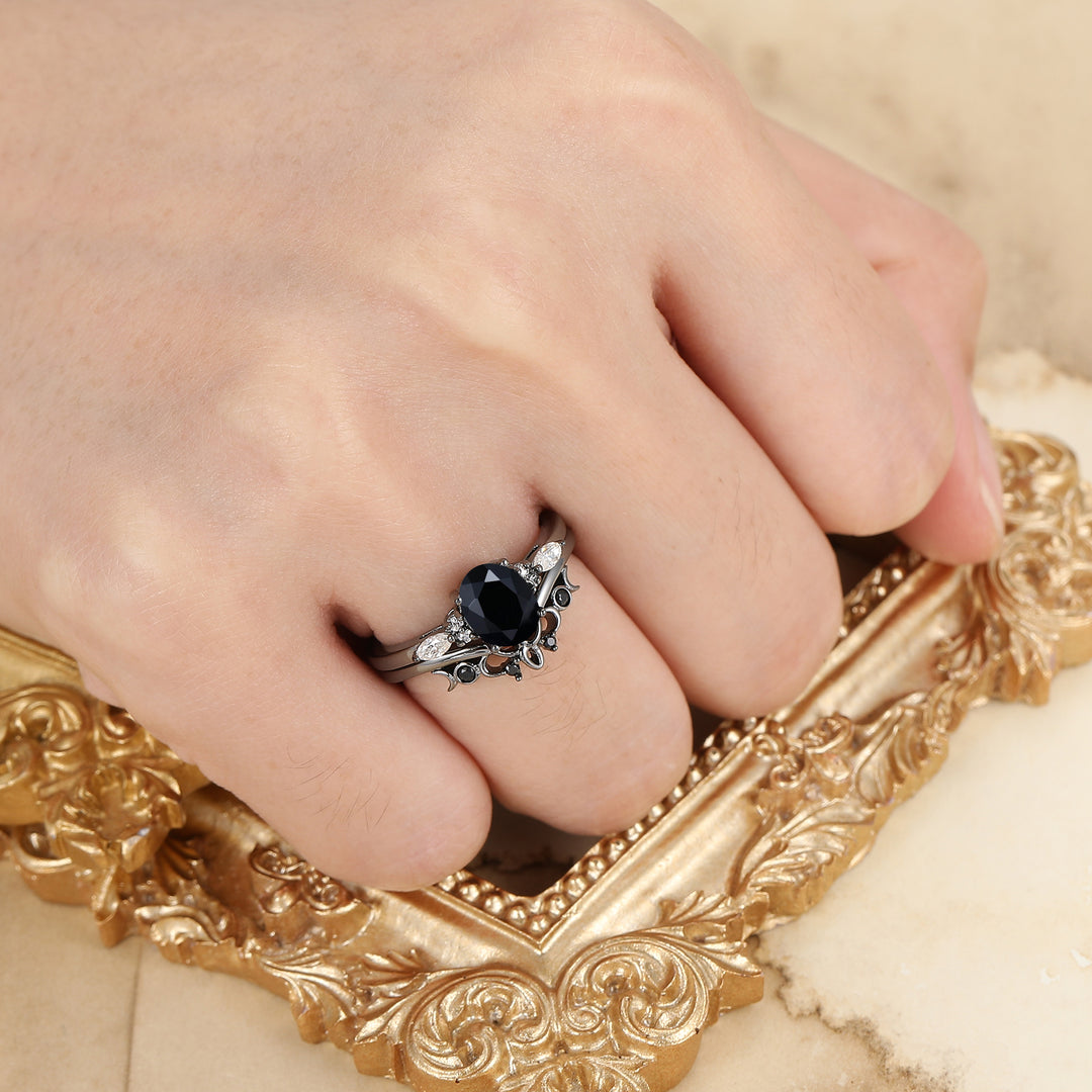 Alternative Oval Black Onyx Wedding Set Engagement Ring Romantic Bridal Set  Engagement Ring