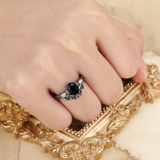 Alternative Oval Black Onyx Wedding Set Engagement Ring Romantic Bridal Set  Engagement Ring