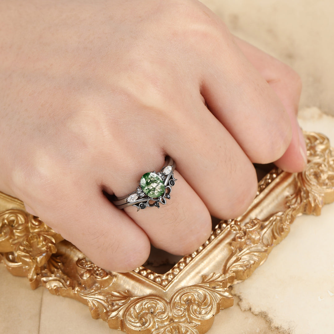 Oval Cut Natural Moss Agate Engagement Ring Handmade Women Rings Anniversary Promise Ring