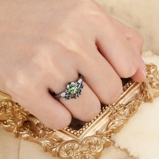 Oval Cut Natural Moss Agate Engagement Ring Handmade Women Rings Anniversary Promise Ring