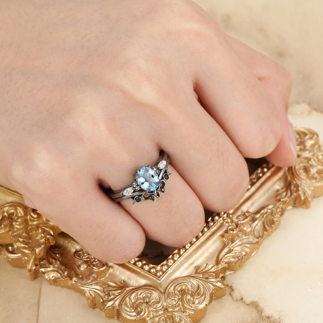 Fijne Ovale Geslepen Aquamarijn Verlovingsring Unieke Zwart Vergulde Aquamarijn Damesringen