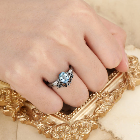 Fijne Ovale Geslepen Aquamarijn Verlovingsring Unieke Zwart Vergulde Aquamarijn Damesringen