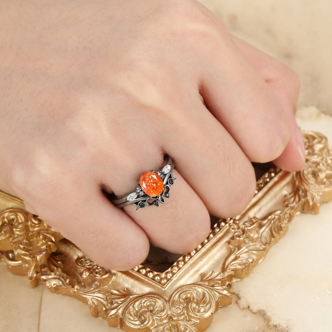 Alternative Oval Sunstone Wedding Set Engagement Ring Romantic Bridal Set  Engagement Ring