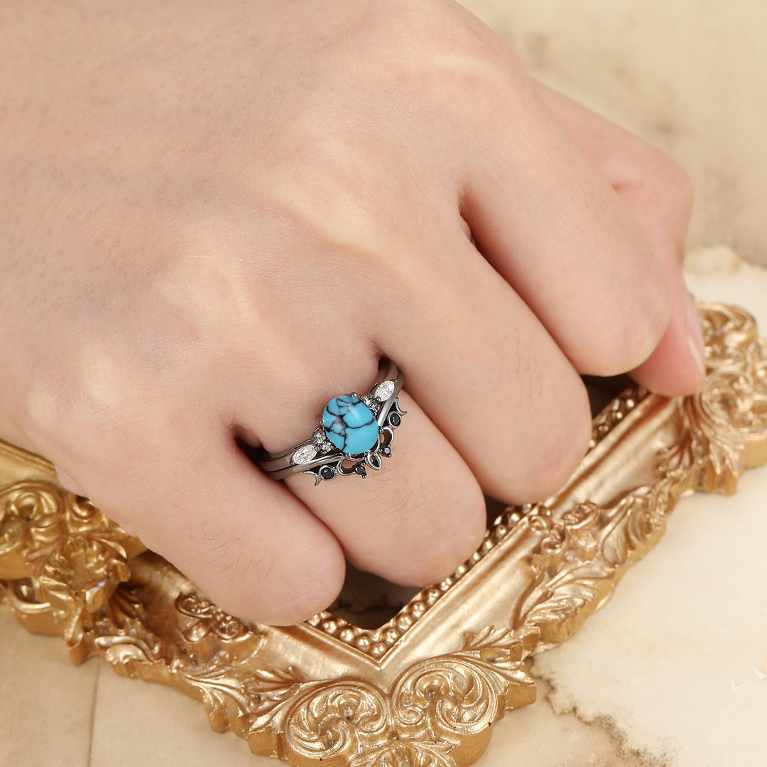 Vintage Oval Shape Turquoise Engagement Rings Sterling Silver Black Plated Women Ring Set