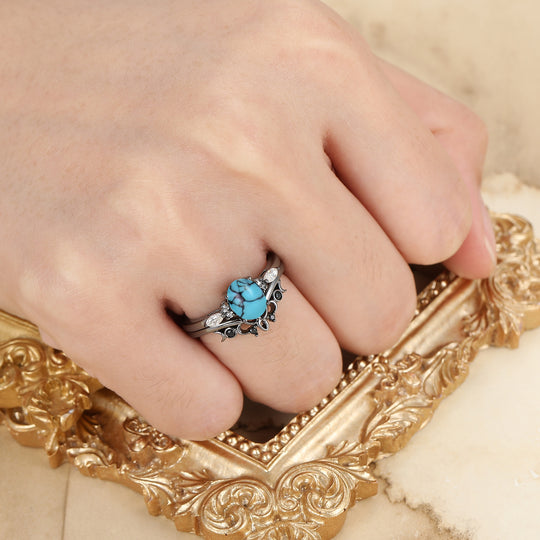 Vintage Oval Shape Turquoise Engagement Rings Sterling Silver Black Plated Women Ring Set