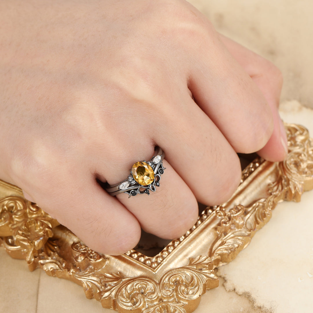 Vintage Oval Shape Citrine Engagement Rings Sterling Silver Black Plated Women Ring Set