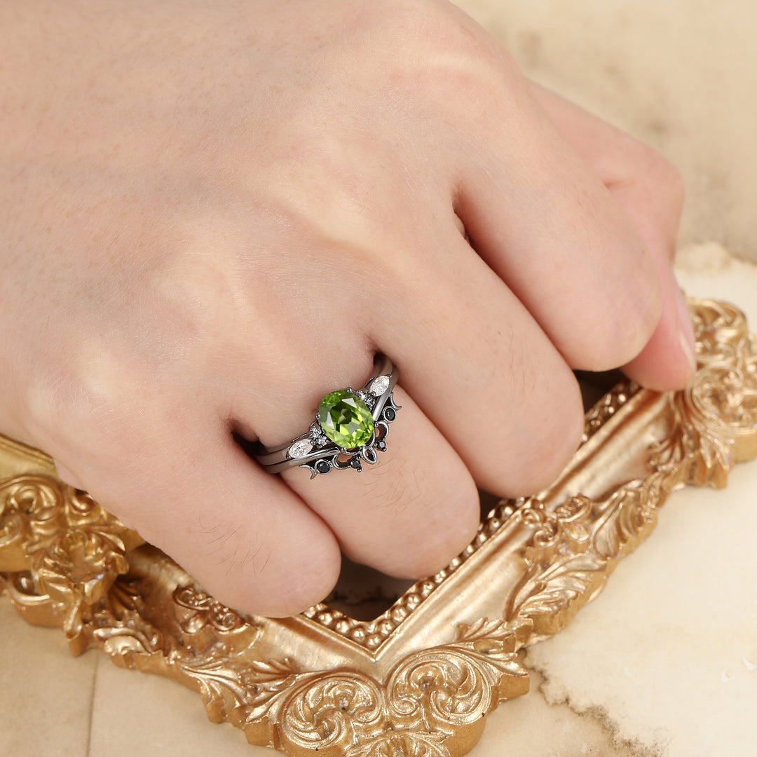Dainty Oval Cut Peridot Wedding Ring Set Unique Black Plated Engagement Rings