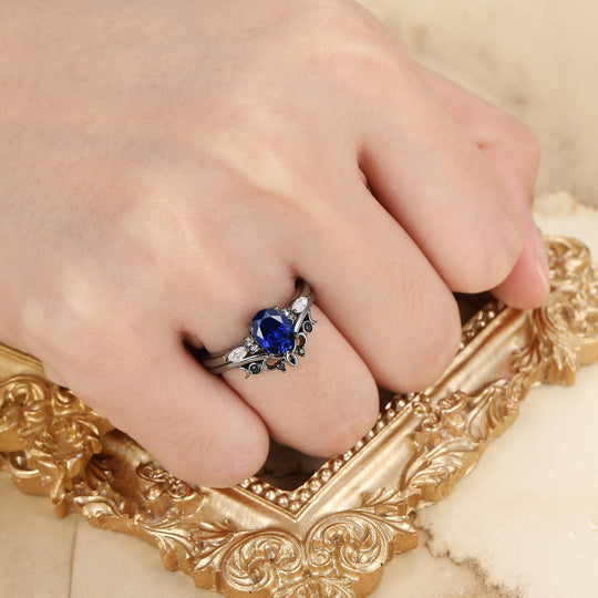 Alternative Oval Sapphire Wedding Set Engagement Ring Romantic Bridal Set  Engagement Ring