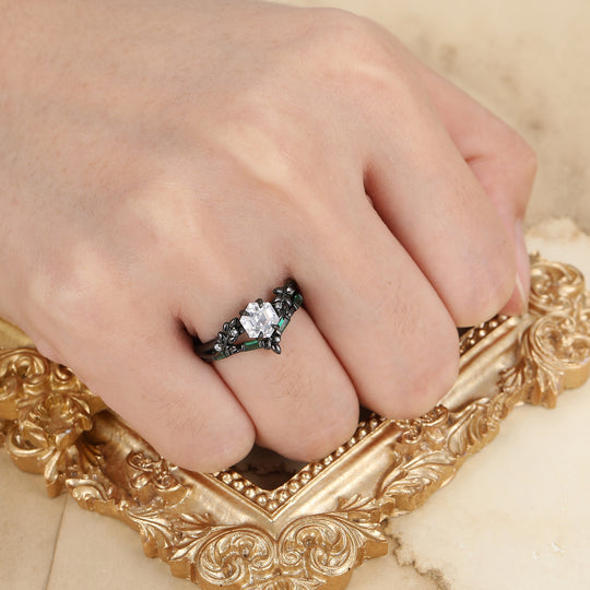 Unique Hexagon Cut Moissanite Wedding Ring Set Nature Inspired 2pcs Black Gold Moissanite Ring
