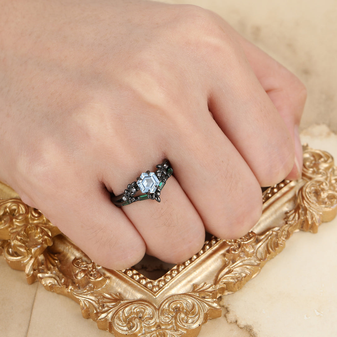 Art Deco zeskant geslepen aquamarijn verlovingsringset natuur geïnspireerd 2-delige gevlochten aquamarijnring