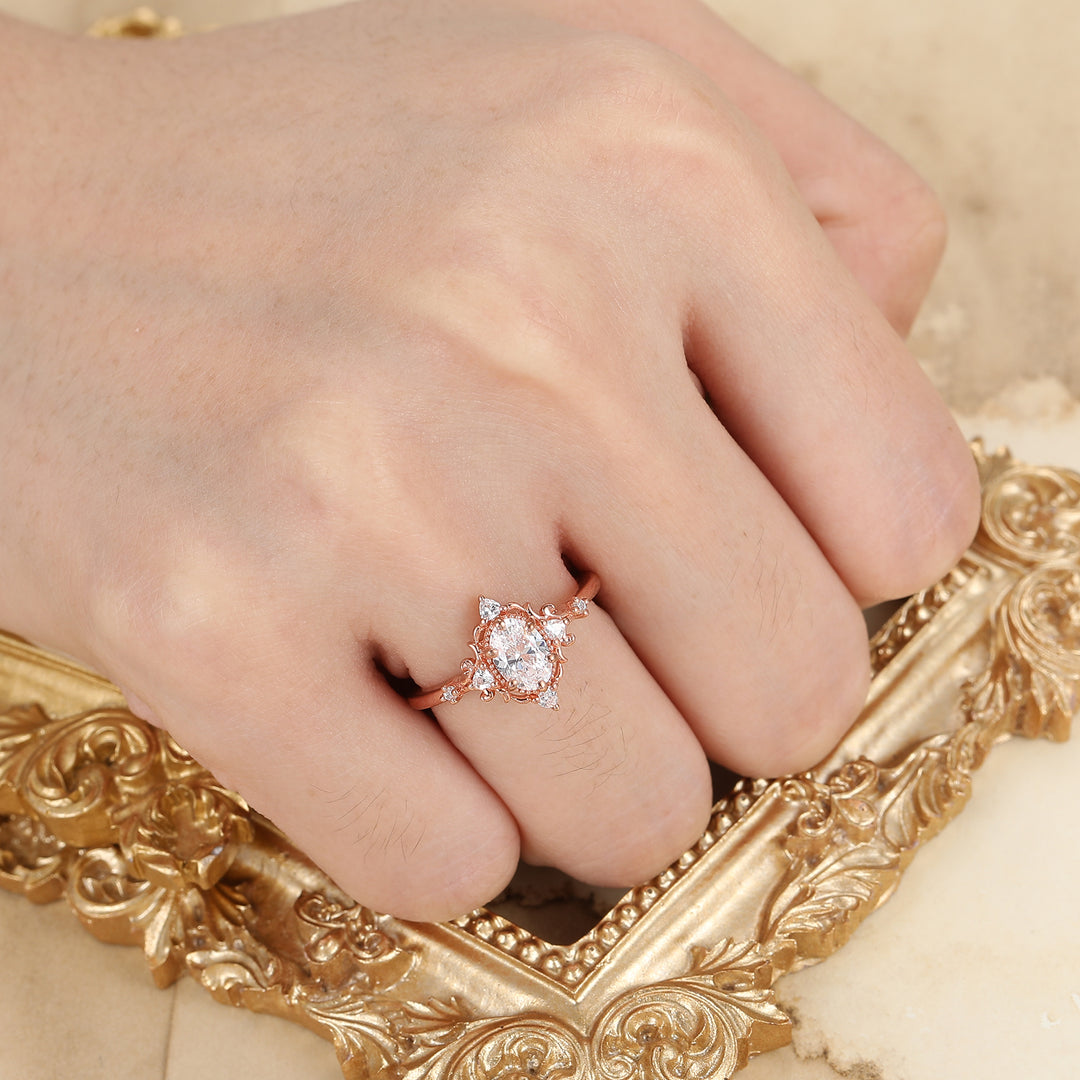 Vintage Floral Moissanite Engagement Ring Rose Gold Oval Cut Cluster Moissanite Wedding Ring