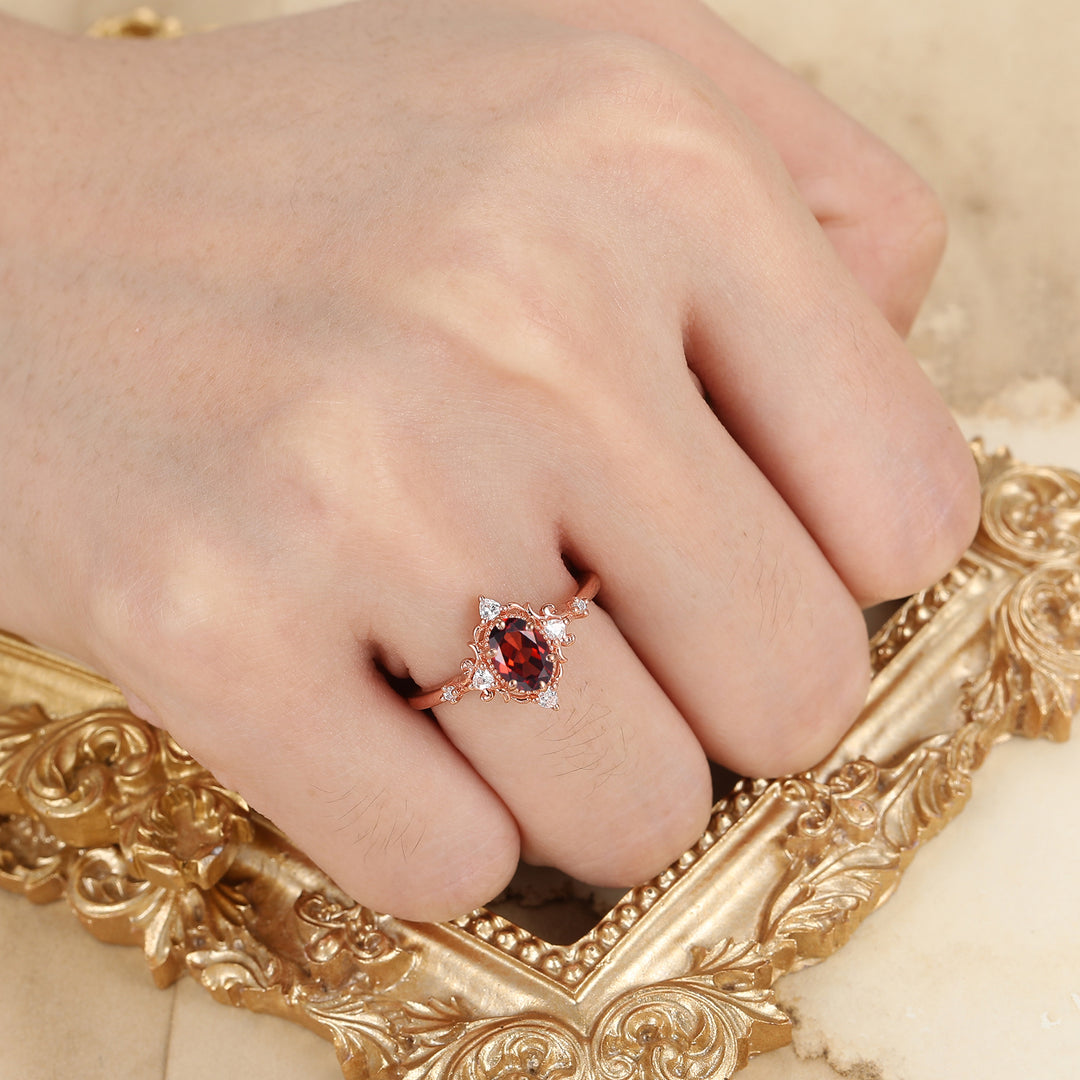 Baroque-inspired 1CT Oval Cut Natural Red Garnet Cluster Engagement Ring Bridal Ring