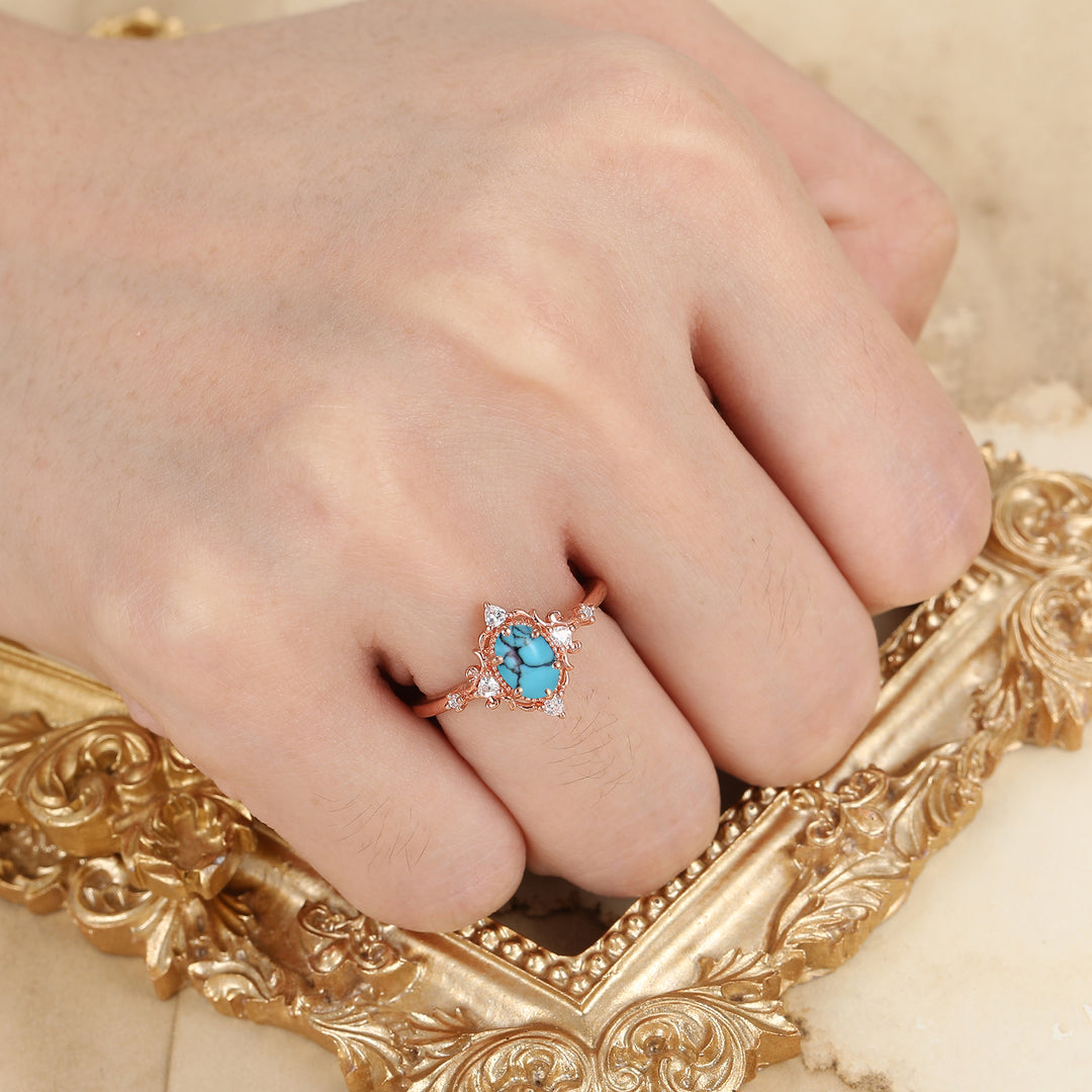 Antique 1CT Oval Cut Turquoise Engagement Ring Solid Gold Bridal Anniversary Ring
