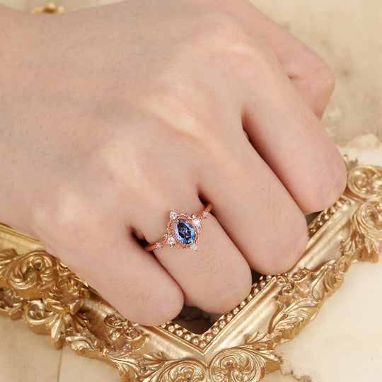 Vintage viktorianischer Cluster-Verlobungsring mit Farbwechsel-Alexandrit, 14 Karat Roségold, Damenring