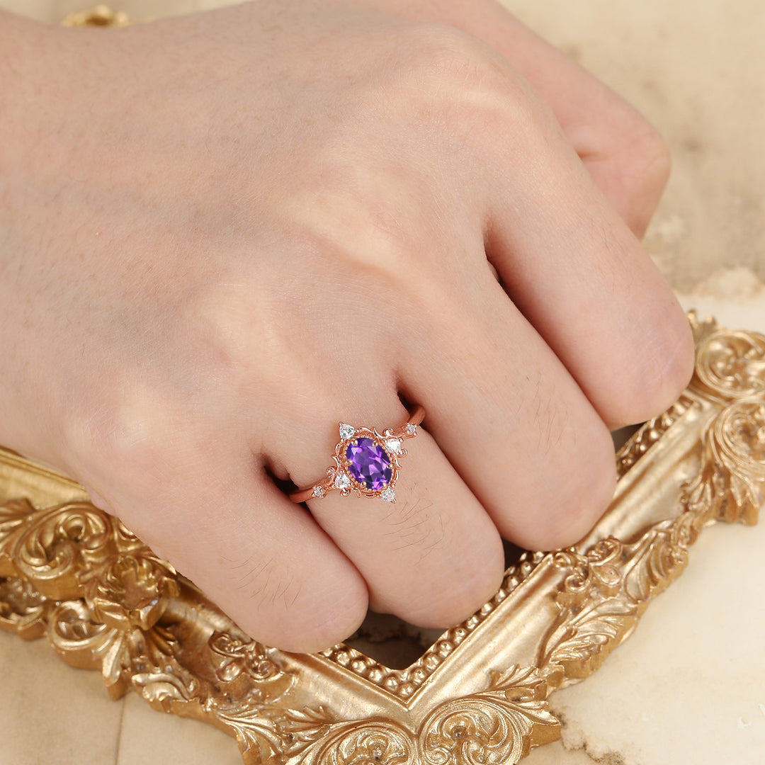 Vintage Filigreed Natural Amethyst Engagement Ring 14K Rose Gold Women Ring