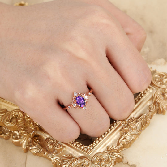 Vintage Filigreed Natural Amethyst Engagement Ring 14K Rose Gold Women Ring