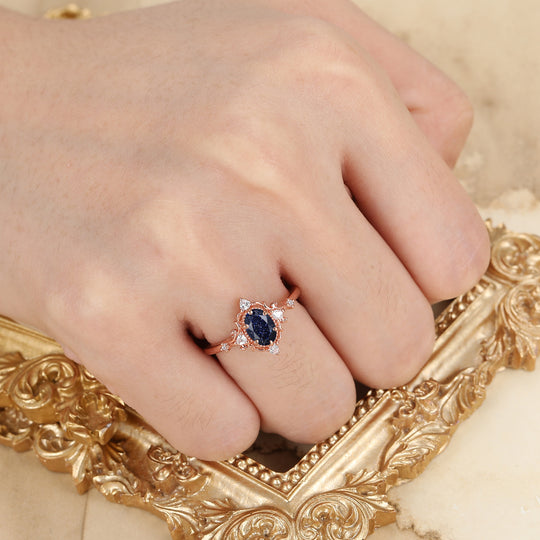 Vintage Inspired Oval Cut Blue Sandstone Cluster Engagement Ring Handmade Wedding Ring