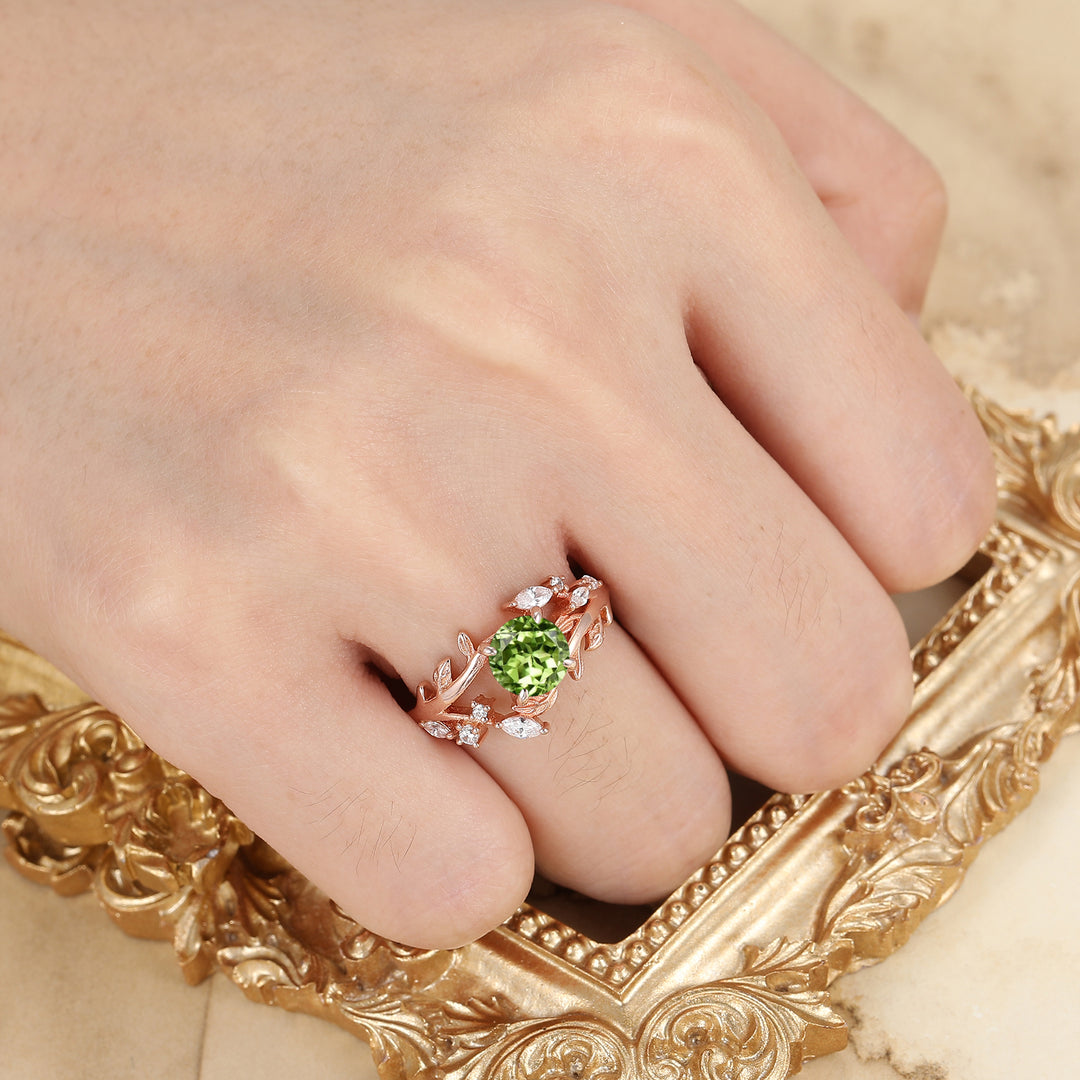 Leaf Vine Style Round Cut Peridot Engagement Ring 14K Rose Gold Anniversary Bridal Ring