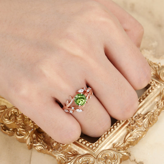 Leaf Vine Style Round Cut Peridot Engagement Ring 14K Rose Gold Anniversary Bridal Ring