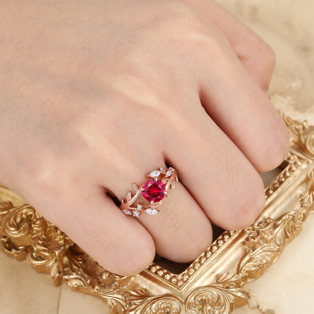 Leaf Inspired Round Cut Ruby Engagement Ring Solid Rose Gold Anniversary Ring For Women