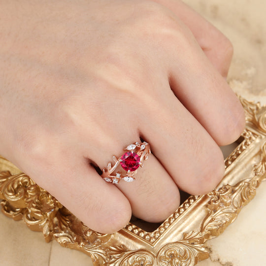 Leaf Inspired Round Cut Ruby Engagement Ring Solid Rose Gold Anniversary Ring For Women