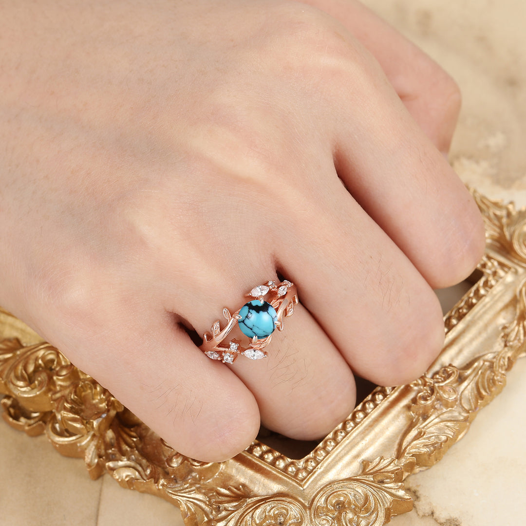 Leaf Inspired Round Cut Turquoise Engagement Ring Solid Rose Gold Anniversary Ring For Women