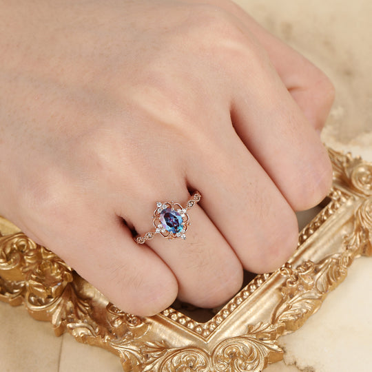 Vintage Filigree Alexandrite Engagement Ring 14K Rose Gold Milgrain Alexandrite Women Rings