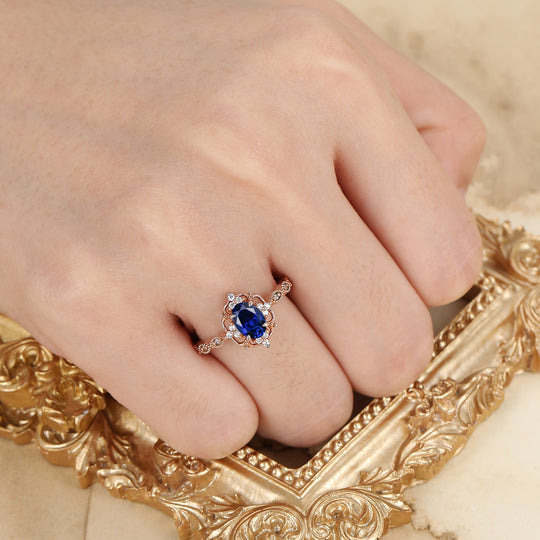 Antique Style Oval Cut Sapphire Cluster Engagement Ring Purple Gemstone Ring