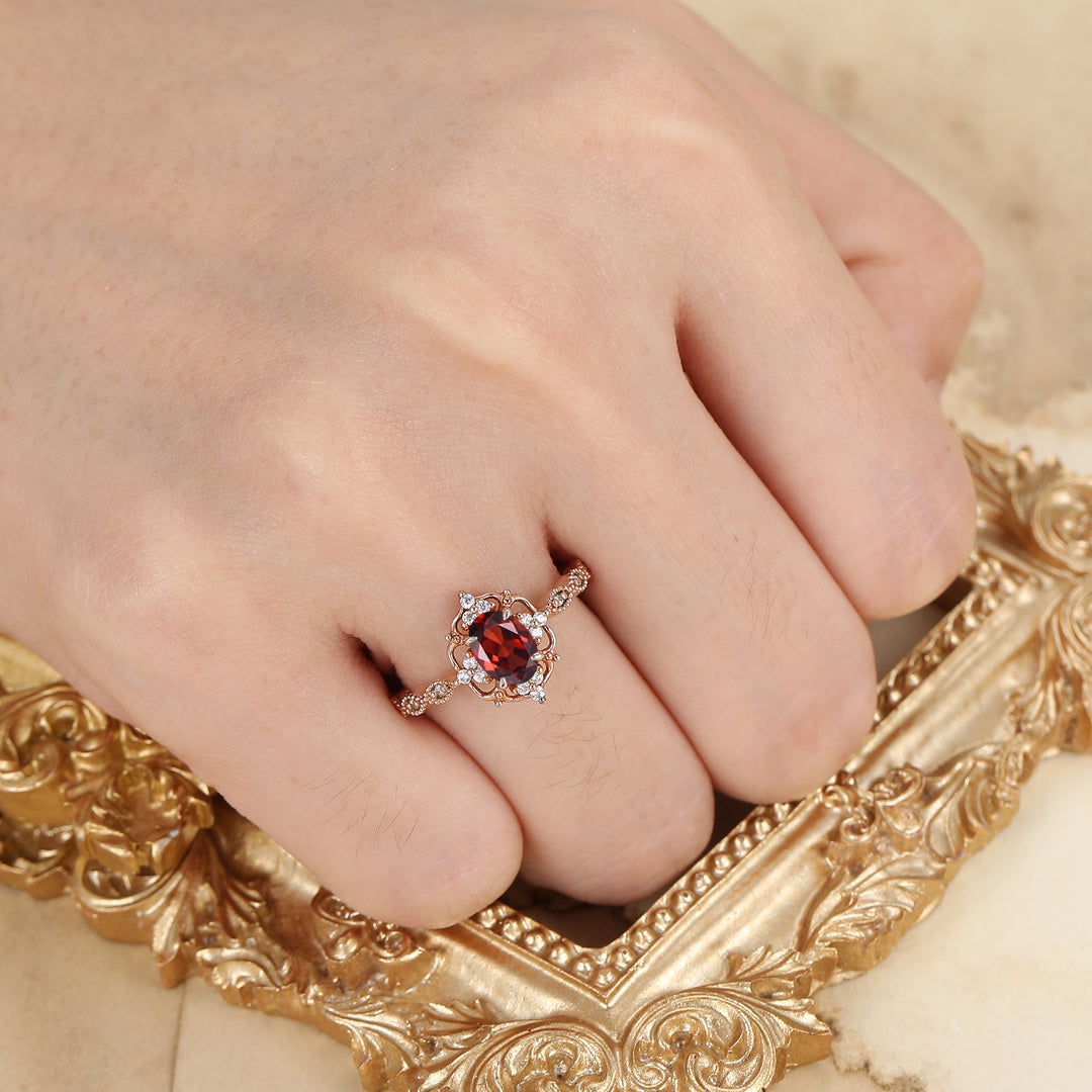 Antique Style Oval Cut  Red Garnet Cluster Engagement Ring Purple Gemstone Ring