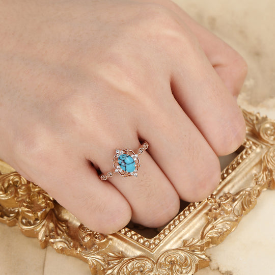 Dainty Filigreed Turquoise Engagement Ring 14K Rose Gold Anniversary Promise Ring For Women