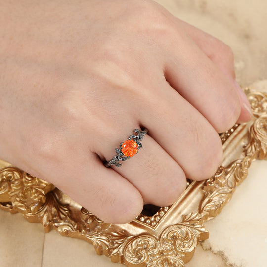 Nature inspirée Feuille Branche Bague de Mariage en Pierre de Soleil Taille Hexagonale Pierre de Soleil Orange Bague de Fiançailles en Or