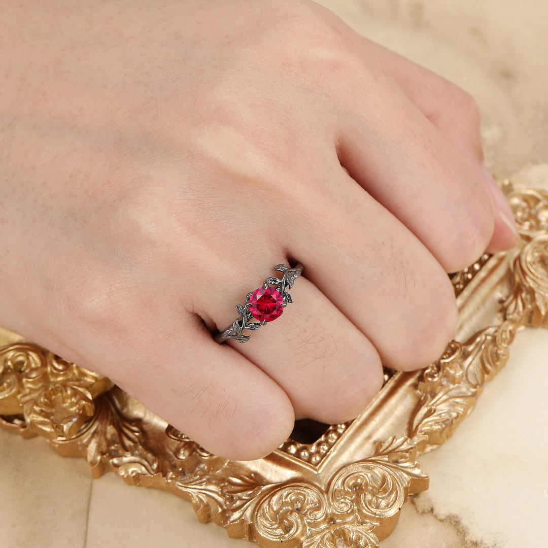 Round Cut Ruby Engagement Ring Leaf Branch Style Black Plated Bridal Ring
