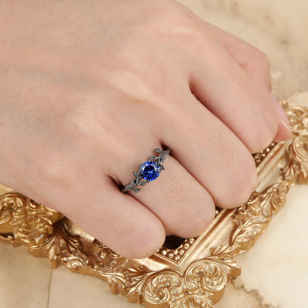 Anillo nupcial con rama de hoja inspirada en la naturaleza, anillo de compromiso con zafiro hexagonal cortado