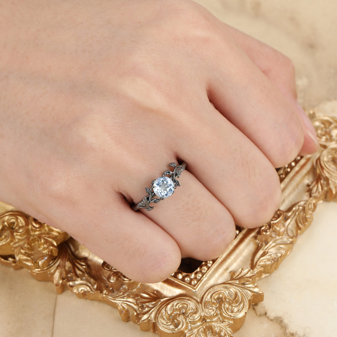 Solitaire ronde aquamarijn verlovingsring blad geïnspireerde trouwring voor dames
