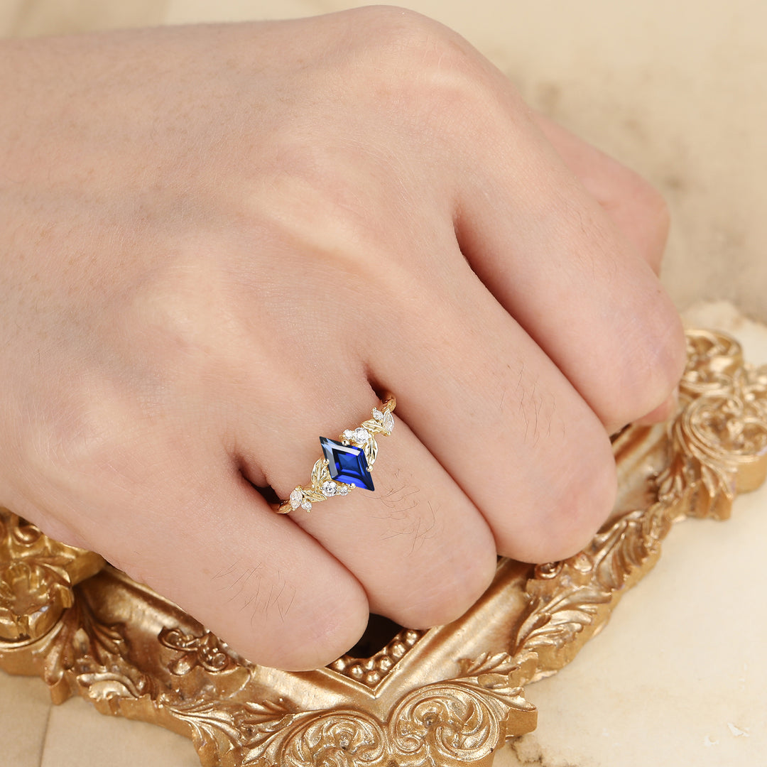 Blad geïnspireerde ruitvormige geslepen saffier verlovingsring massief gouden dames trouwring
