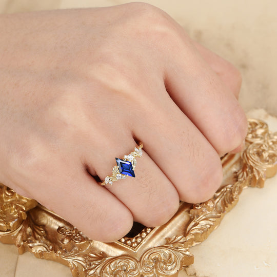 Blad geïnspireerde ruitvormige geslepen saffier verlovingsring massief gouden dames trouwring