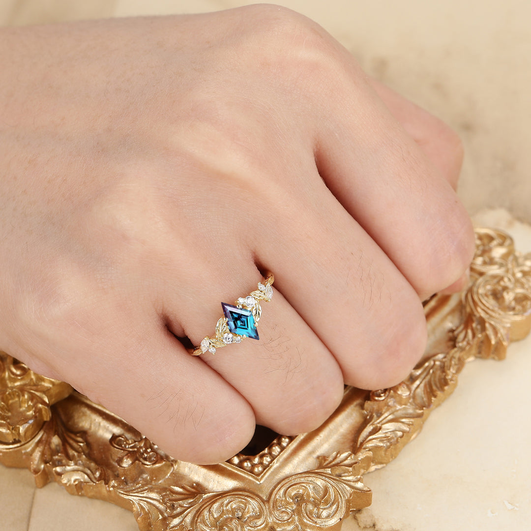 Natural Inspired Rhombus Shape Alexandrite Engagement Ring Leaf Style March Birthstone Bridal Ring